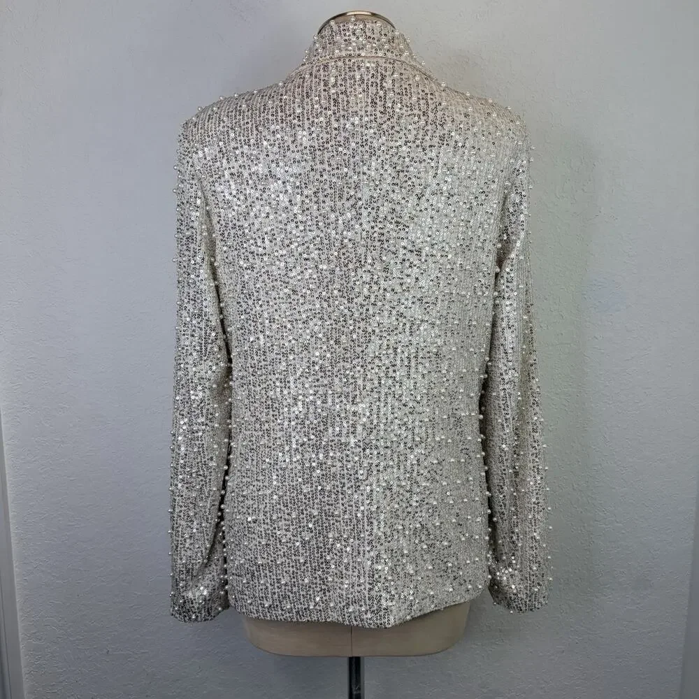 Mable Sequined Faux Pearl Beaded Champagne Blazer Lined Size S, shiny, party - Picture 2 of 9